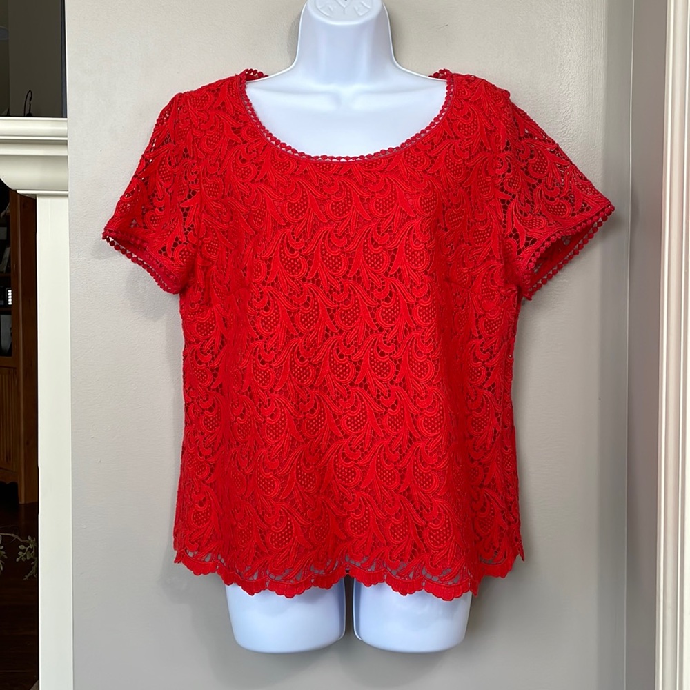 Talbots Embroidered Lace Overlay Short Sleeve Scoop Neck Red Top Size 16P NWT